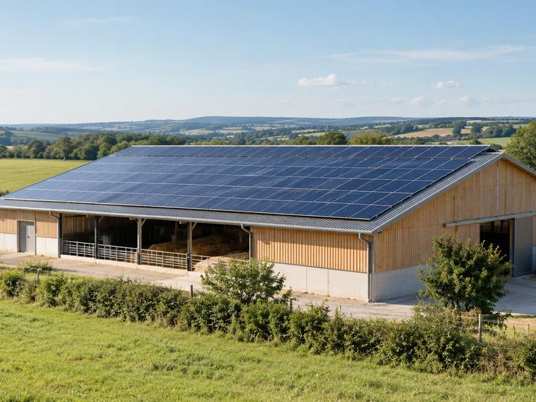Bâtiment agricole dont la toiture entière est couverte de panneaux photovoltaïques