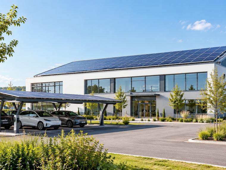 Bâtiment tertiaire avec toiture photovoltaïque et ombrière de parking équipée de bornes de recharge