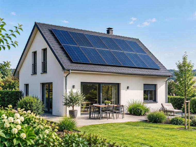 Maison individuelle équipée de panneaux solaires en toiture