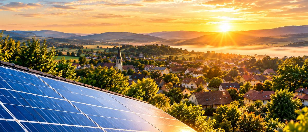 Toiture photovoltaïque dominant un village et sa vallée au lever du soleil